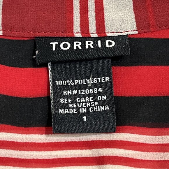 Torrid Top 1X Womens Semi Sheer Chiffon Red Black Striped Button Down Blouse - Picture 7 of 8